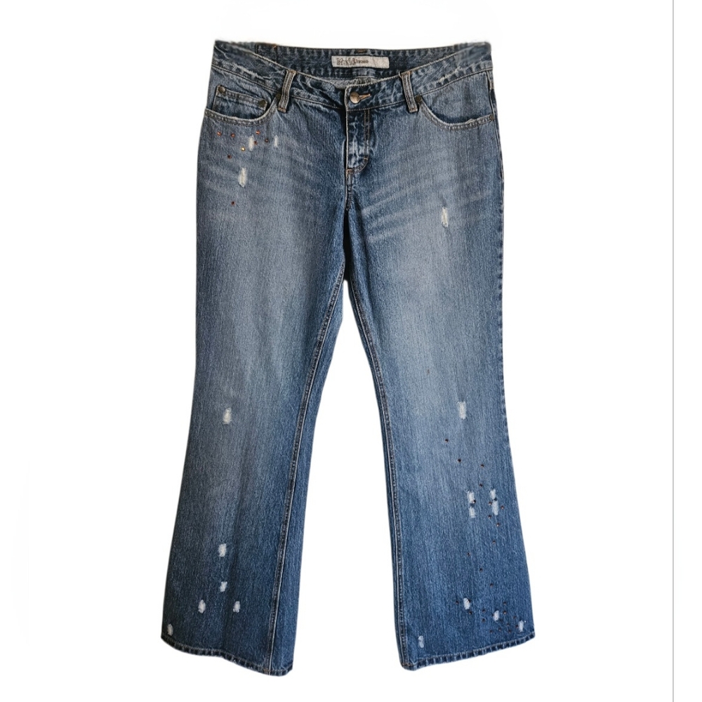 VTG Y2K Mudd Jeans Distressed Embellished Med-Wash Low Rise Flare Jeans Size 13